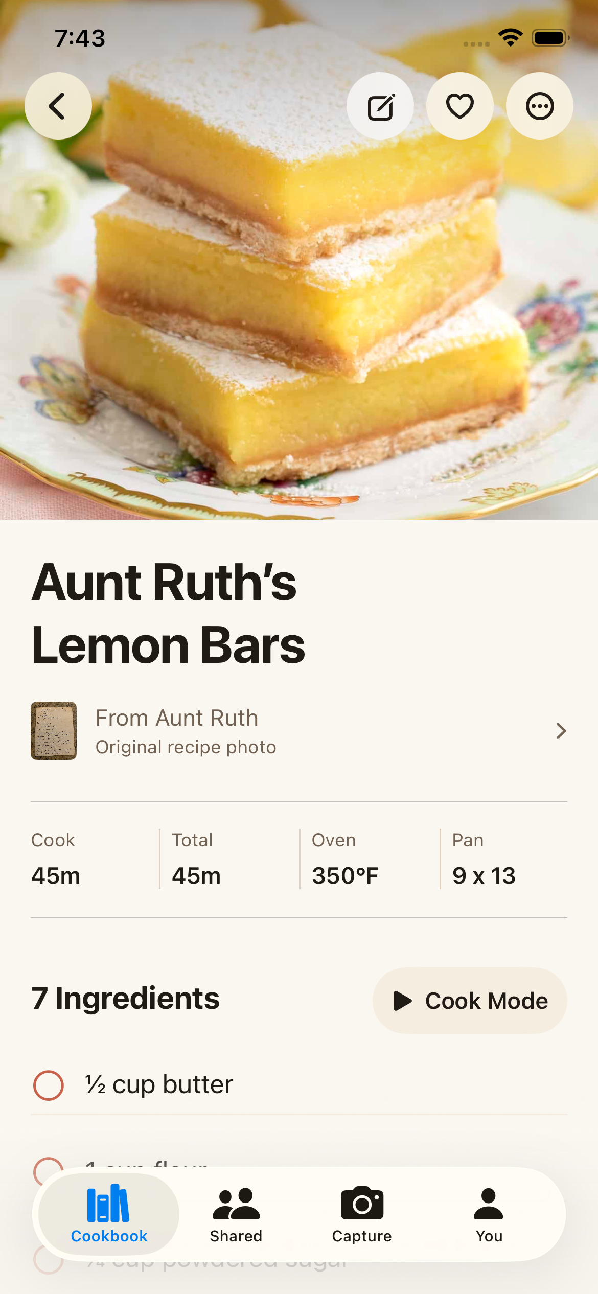 Actual Buttermade app showing Aunt Ruth's Lemon Bars, recipe timings, oven temperature, pan size, and source credit.